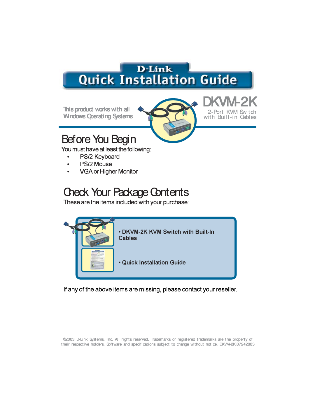 D-Link dkvm-2k specifications Before You Begin, Check Your Package Contents, DKVM-2K, This product works with all 
