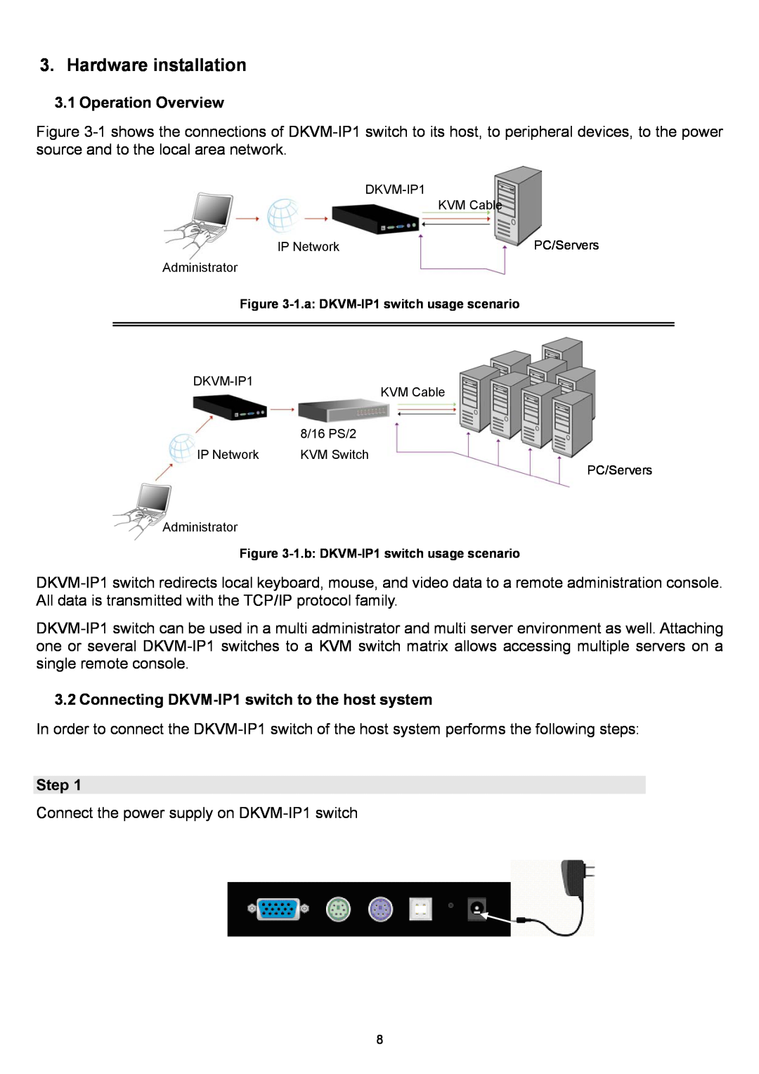 D-Link manual Hardware installation, Operation Overview, Connecting DKVM-IP1 switch to the host system, Step 