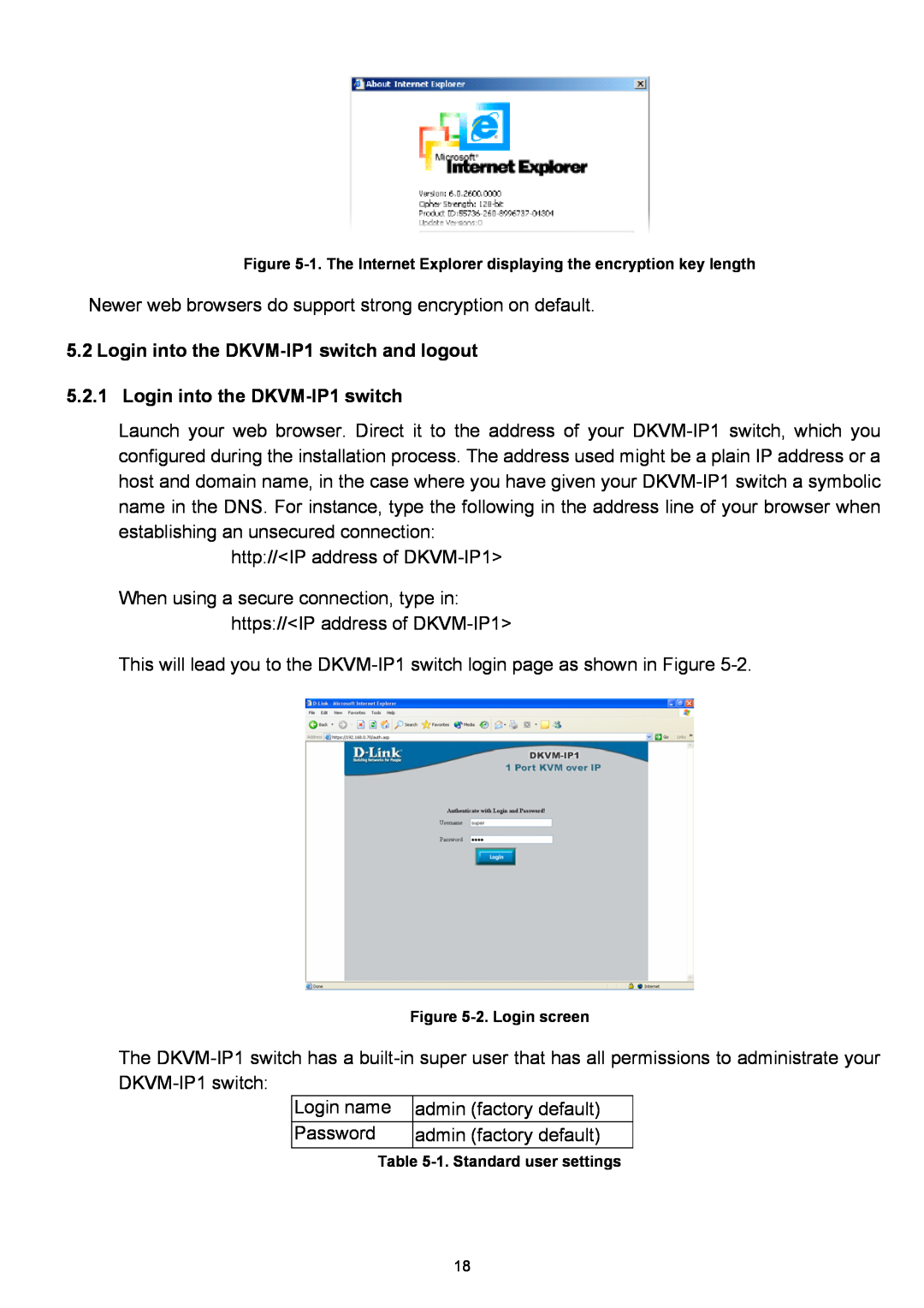 D-Link manual Login into the DKVM-IP1 switch and logout, 2. Login screen, 1. Standard user settings 