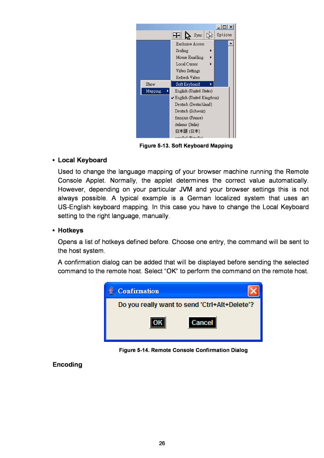 D-Link DKVM-IP1 manual Local Keyboard, Hotkeys, Encoding, 13. Soft Keyboard Mapping, 14. Remote Console Confirmation Dialog 