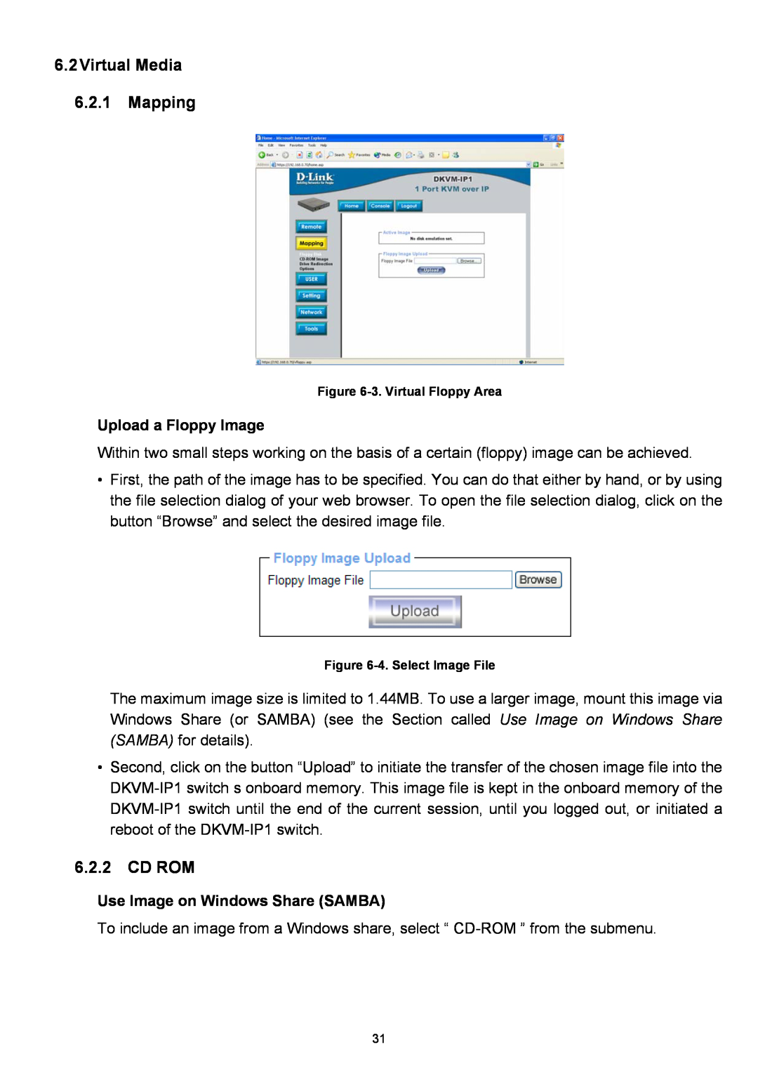 D-Link DKVM-IP1 manual Virtual Media 6.2.1 Mapping, Cd Rom, Upload a Floppy Image, Use Image on Windows Share SAMBA 