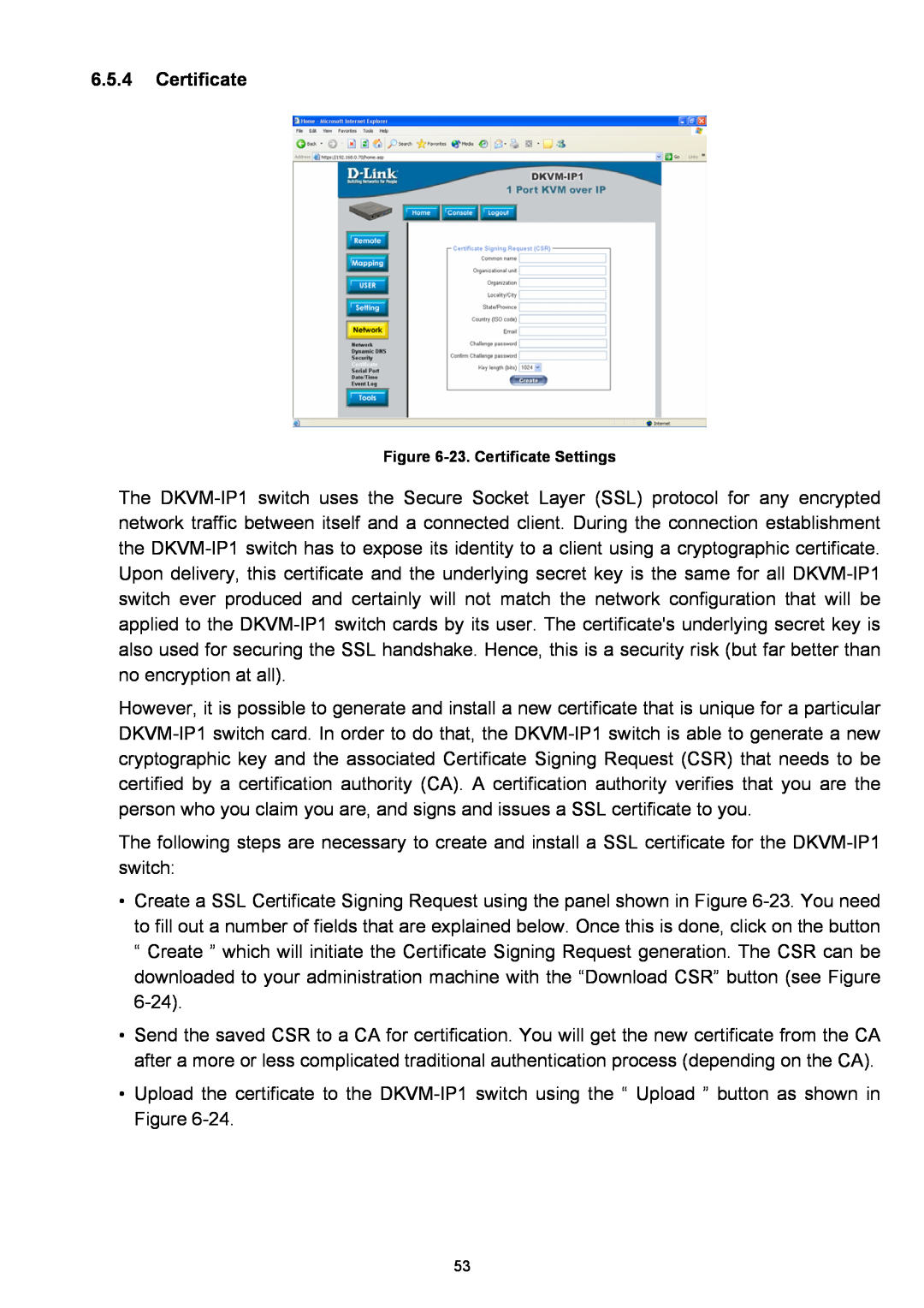 D-Link DKVM-IP1 manual 23. Certificate Settings 
