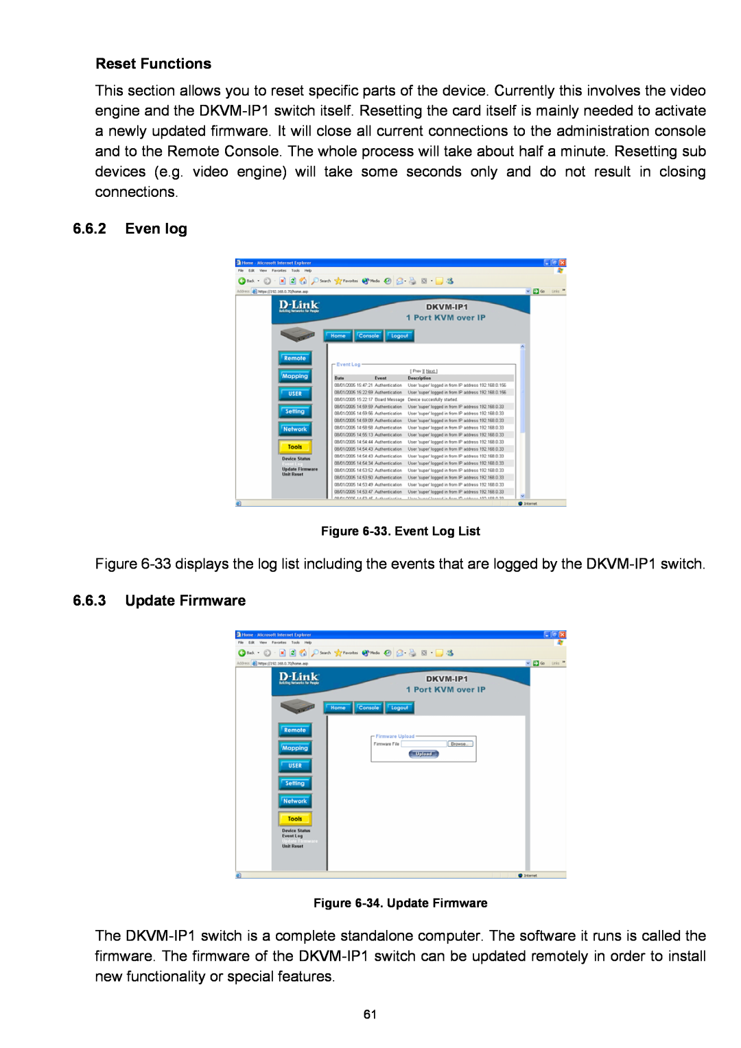 D-Link DKVM-IP1 manual Reset Functions, Even log, 33. Event Log List, 34. Update Firmware 
