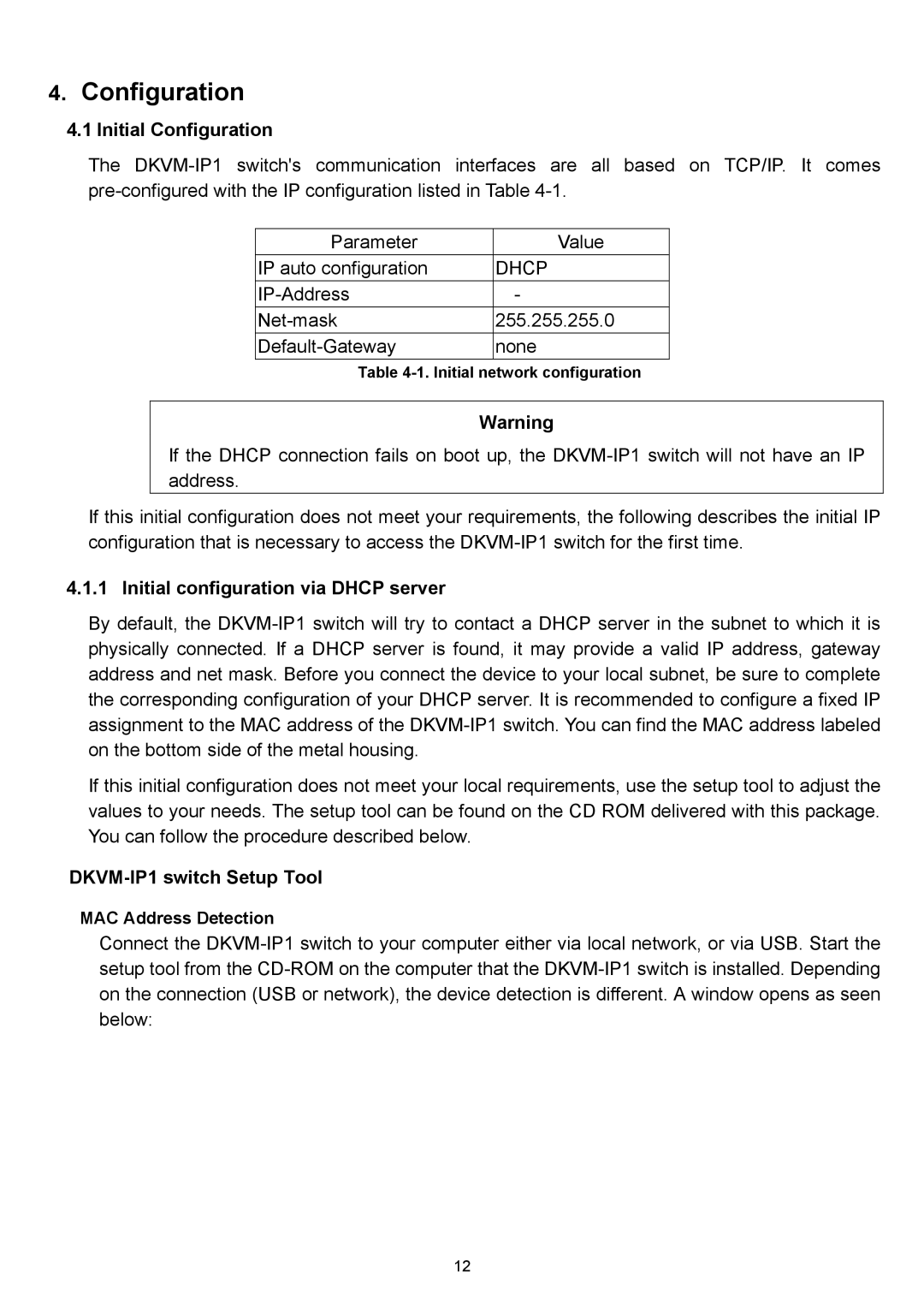 D-Link manual Initial Configuration, Initial configuration via Dhcp server, DKVM-IP1 switch Setup Tool 