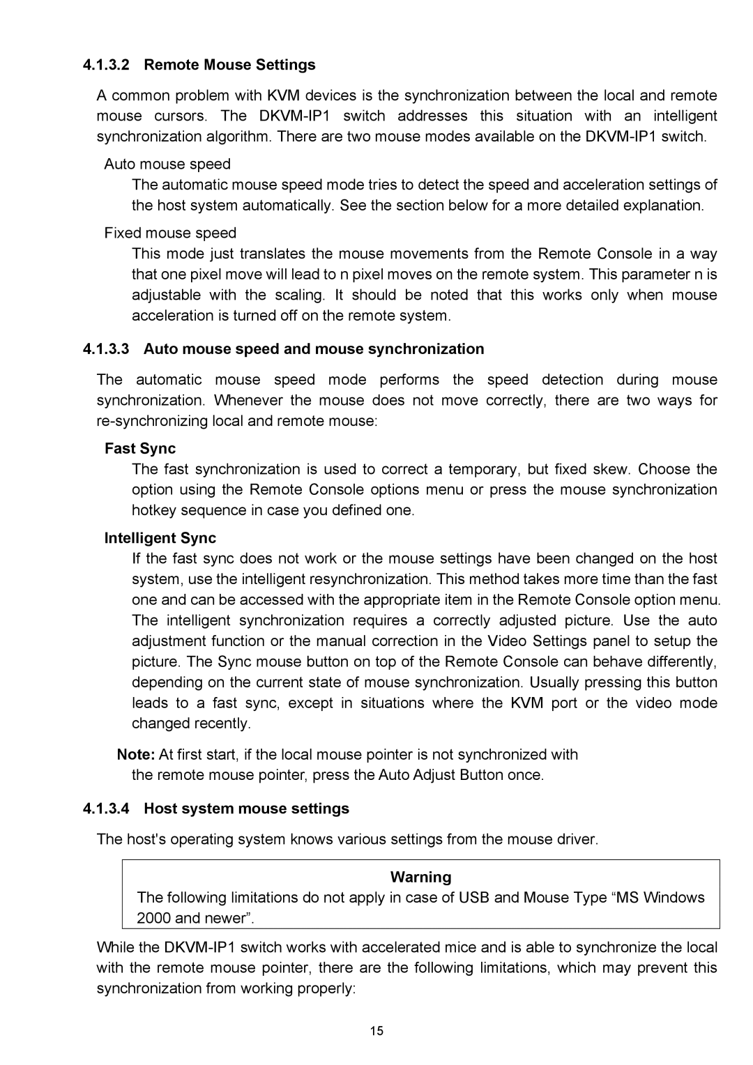 D-Link DKVM-IP1 manual Remote Mouse Settings, Auto mouse speed and mouse synchronization, Fast Sync, Intelligent Sync 