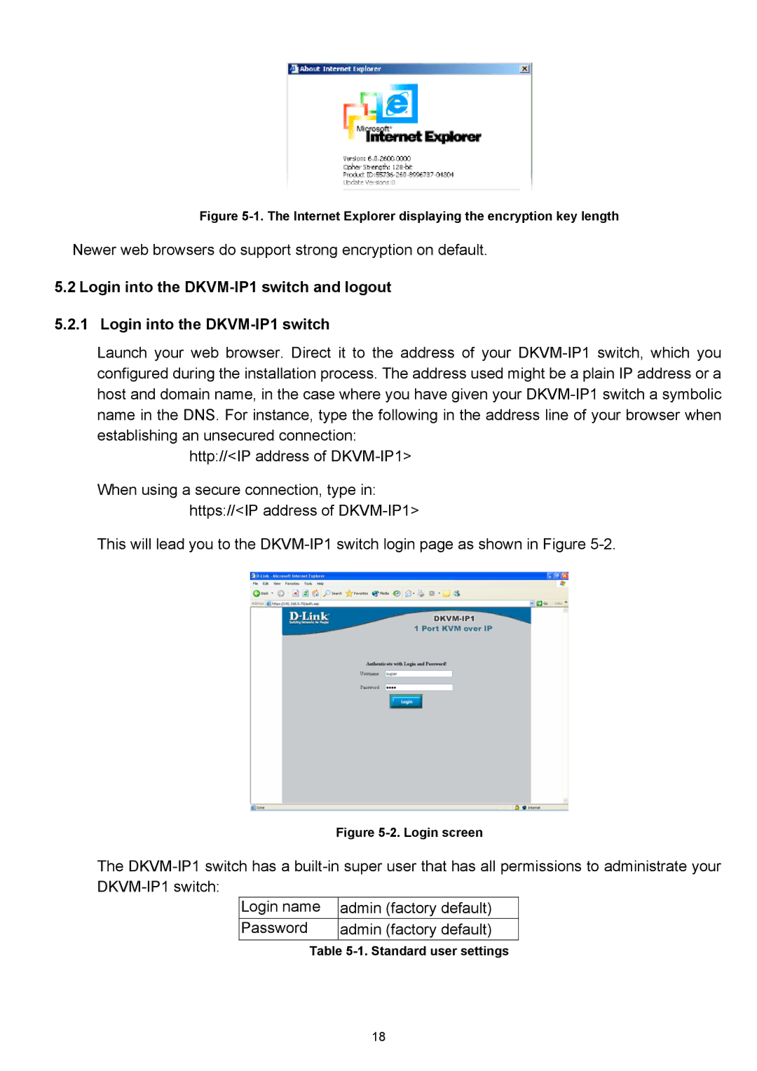 D-Link manual Login into the DKVM-IP1 switch and logout, Internet Explorer displaying the encryption key length 