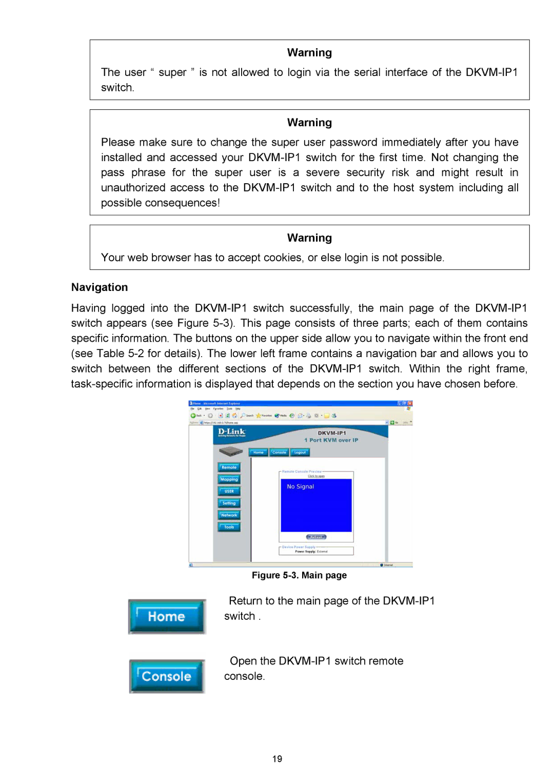 D-Link DKVM-IP1 manual Navigation, Main 