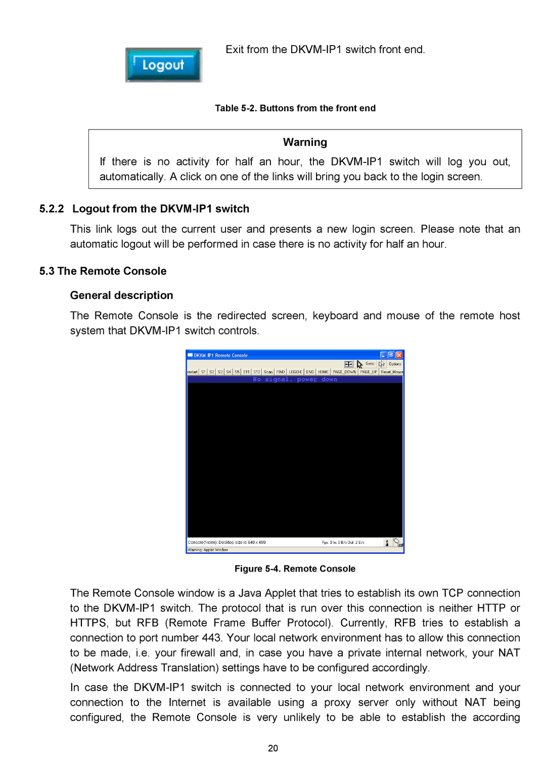 D-Link manual Logout from the DKVM-IP1 switch, Remote Console General description 