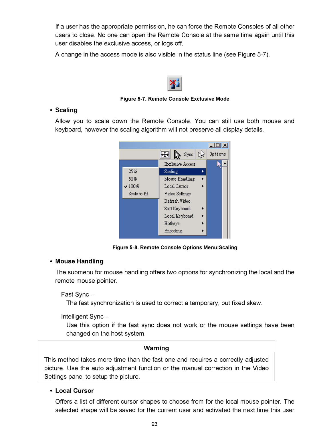 D-Link DKVM-IP1 manual Scaling, Mouse Handling, Local Cursor 