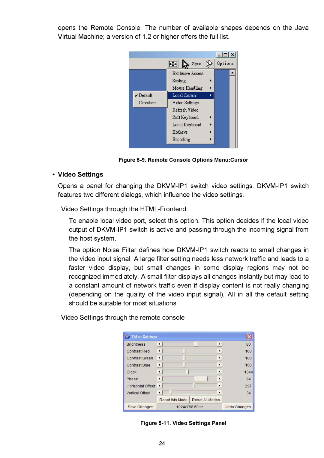 D-Link DKVM-IP1 manual Video Settings, Remote Console Options MenuCursor 