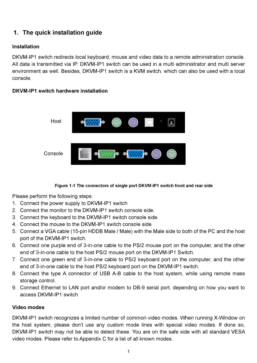 D-Link manual Installation, DKVM-IP1 switch hardware installation, Video modes 