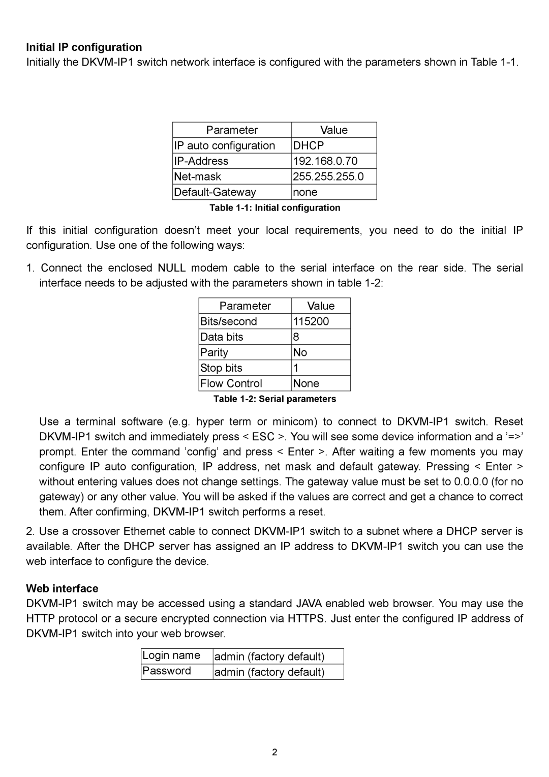 D-Link DKVM-IP1 manual Initial IP configuration, Web interface 