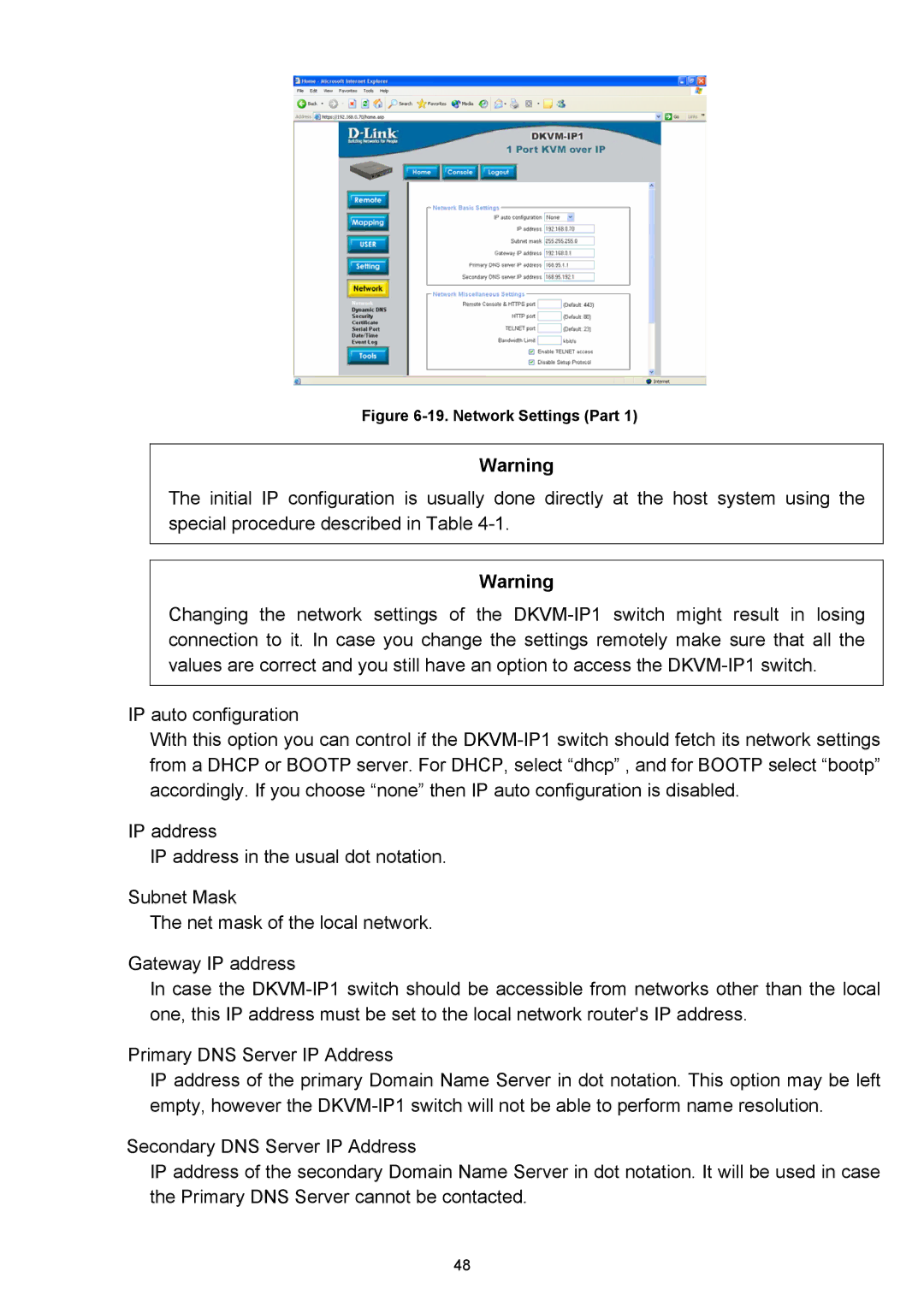 D-Link DKVM-IP1 manual Network Settings Part 