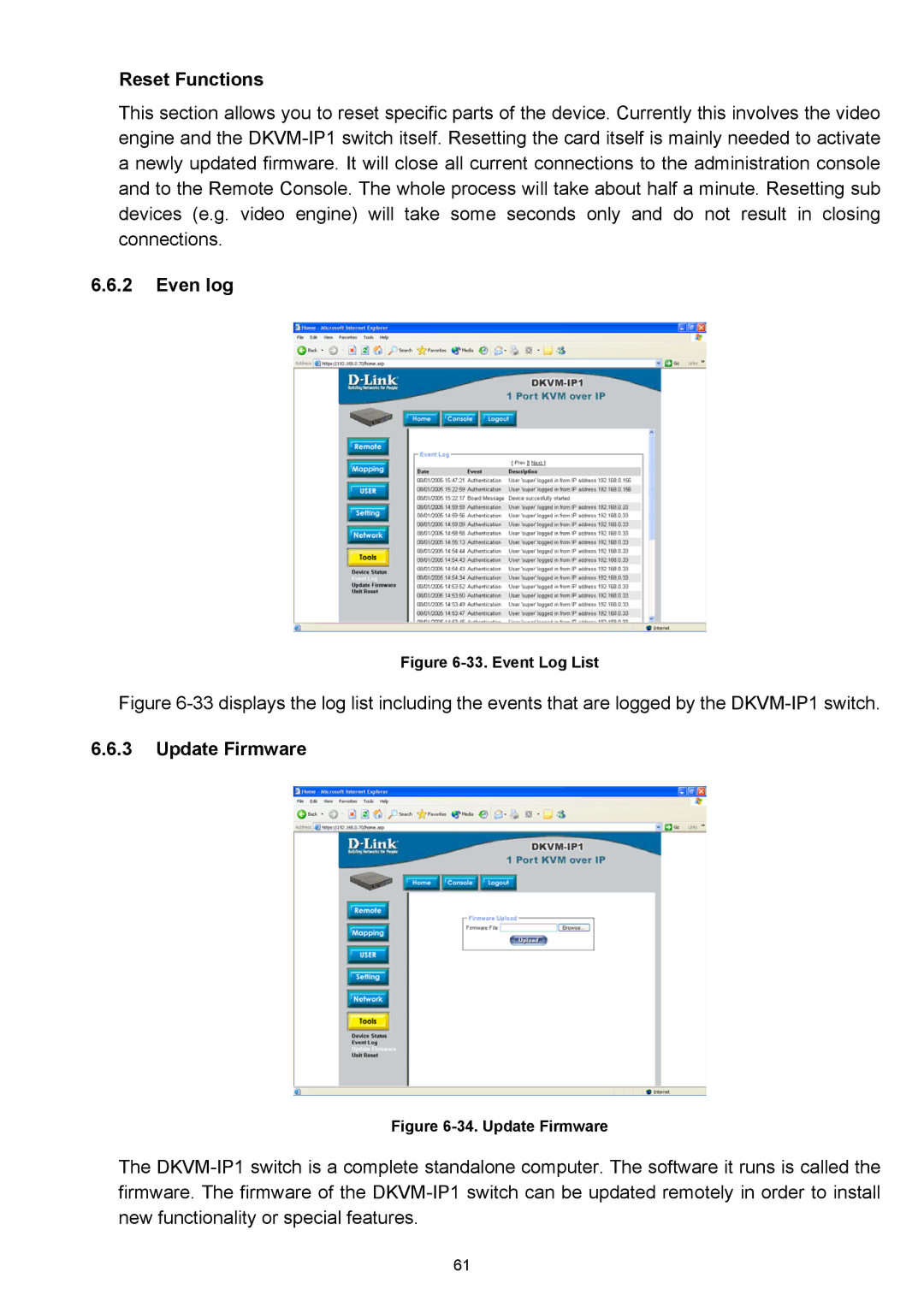 D-Link DKVM-IP1 manual Reset Functions, Even log, Update Firmware 