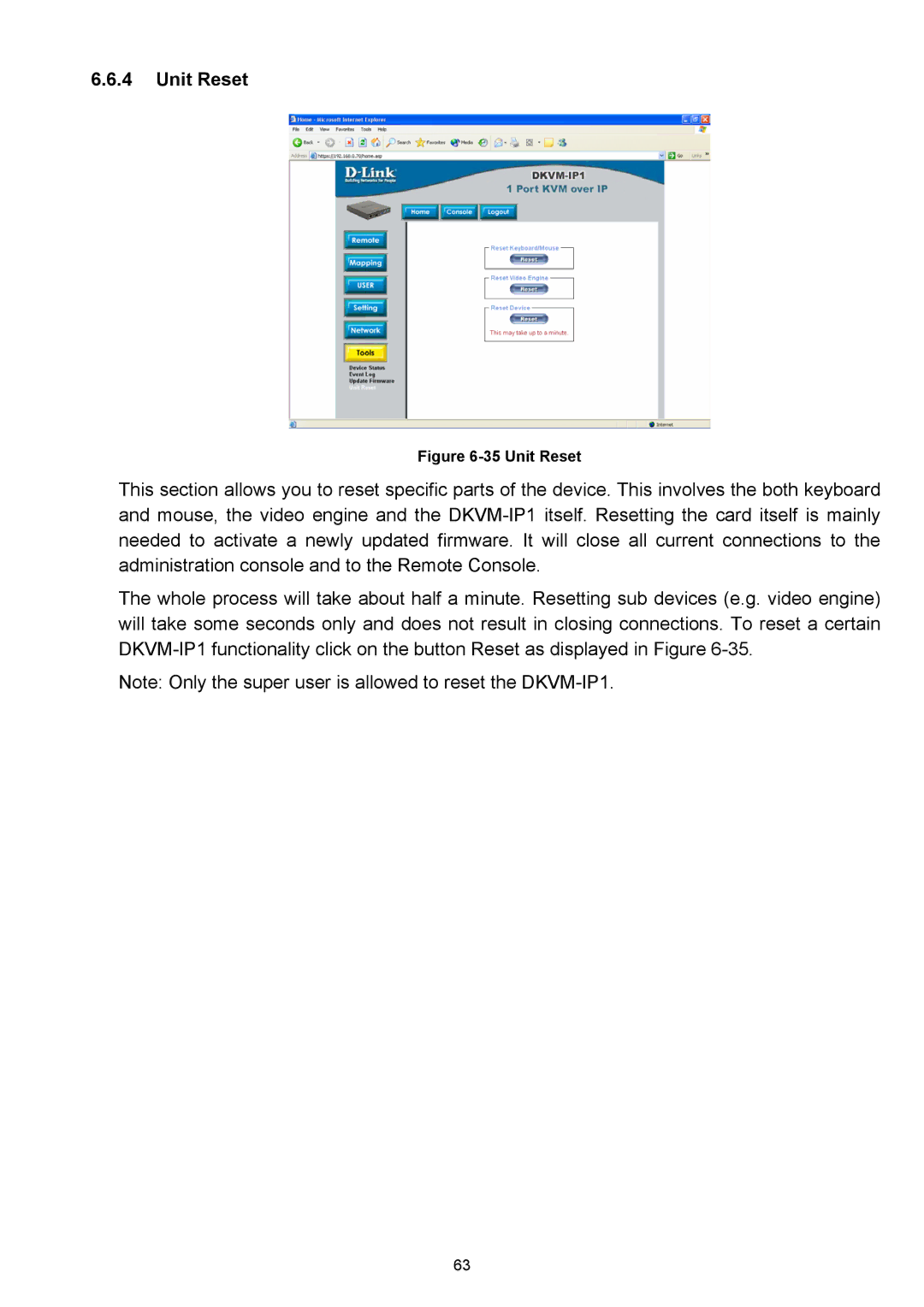 D-Link DKVM-IP1 manual Unit Reset 