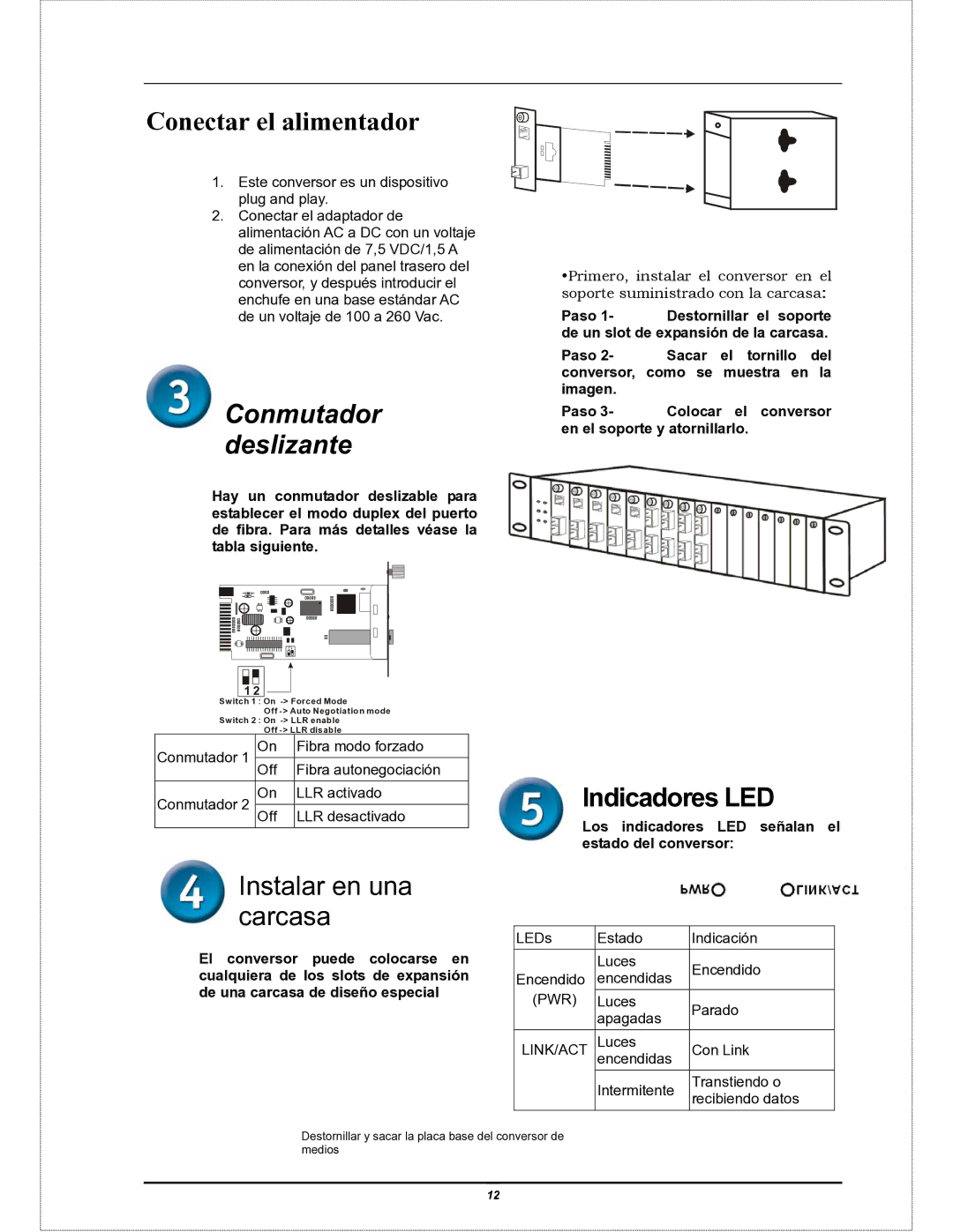 D-Link DMC-805G user manual Conectar el alimentador, Conmutador deslizante, Instalar en una carcasa 