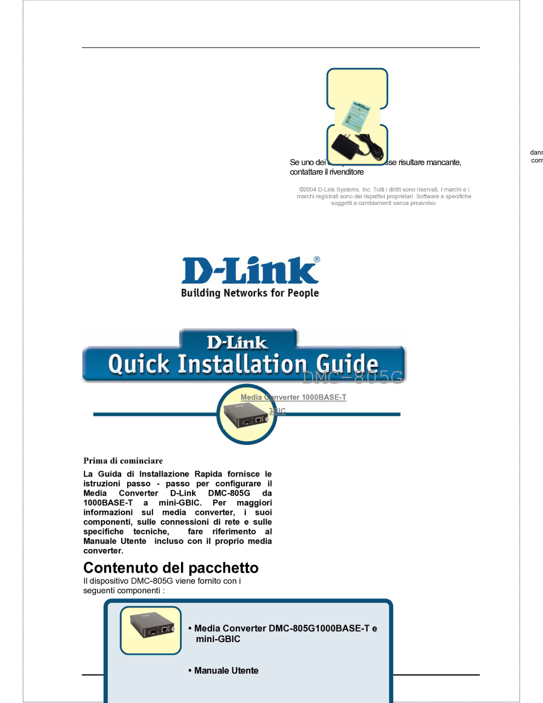 D-Link DMC-805G user manual Contenuto del pacchetto, Prima di cominciare 