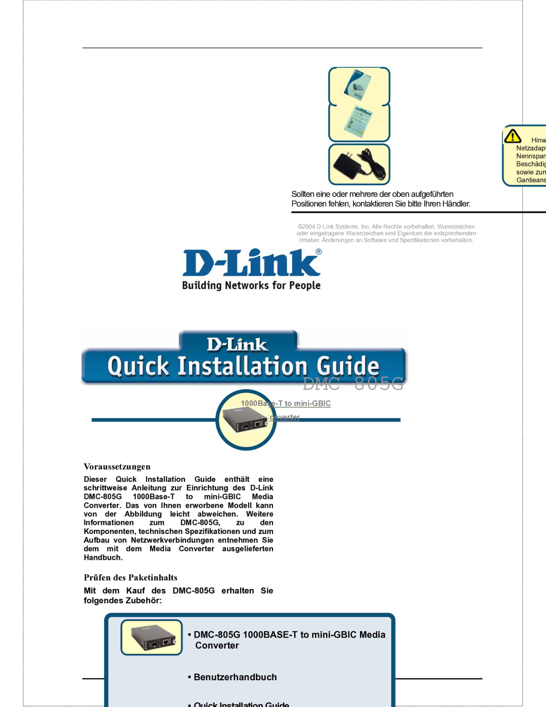 D-Link user manual Voraussetzungen, Prüfen des Paketinhalts, Mit dem Kauf des DMC-805G erhalten Sie folgendes Zubehör 