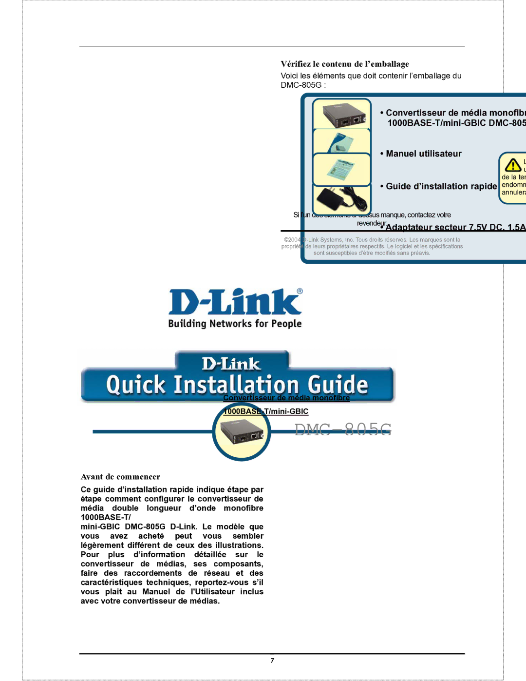 D-Link DMC-805G user manual Vérifiez le contenu de l’emballage, Avant de commencer 