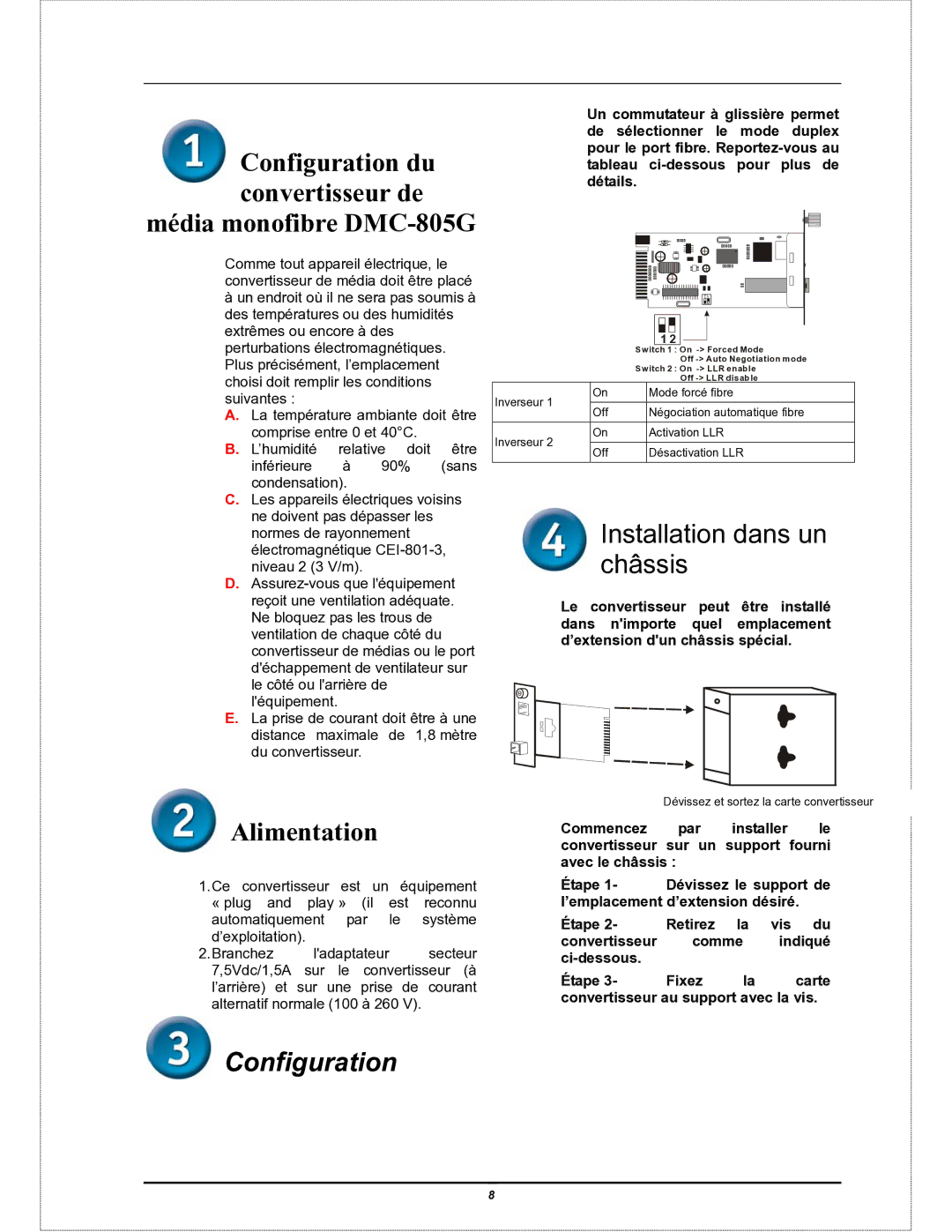 D-Link user manual Média monofibre DMC-805G, Installation dans un châssis, Alimentation, Configuration 