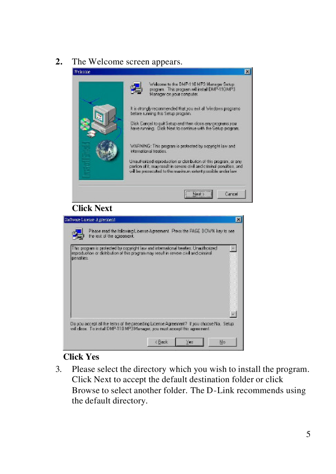 D-Link DMP-110 user manual Click Next Click Yes 