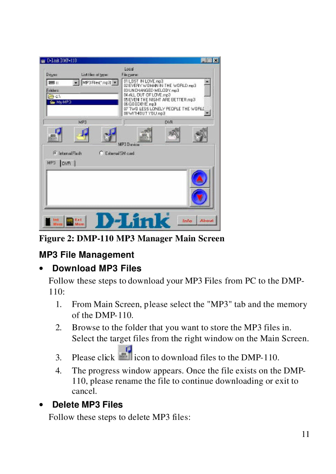 D-Link DMP-110 user manual MP3 File Management ∙ Download MP3 Files, ∙ Delete MP3 Files 