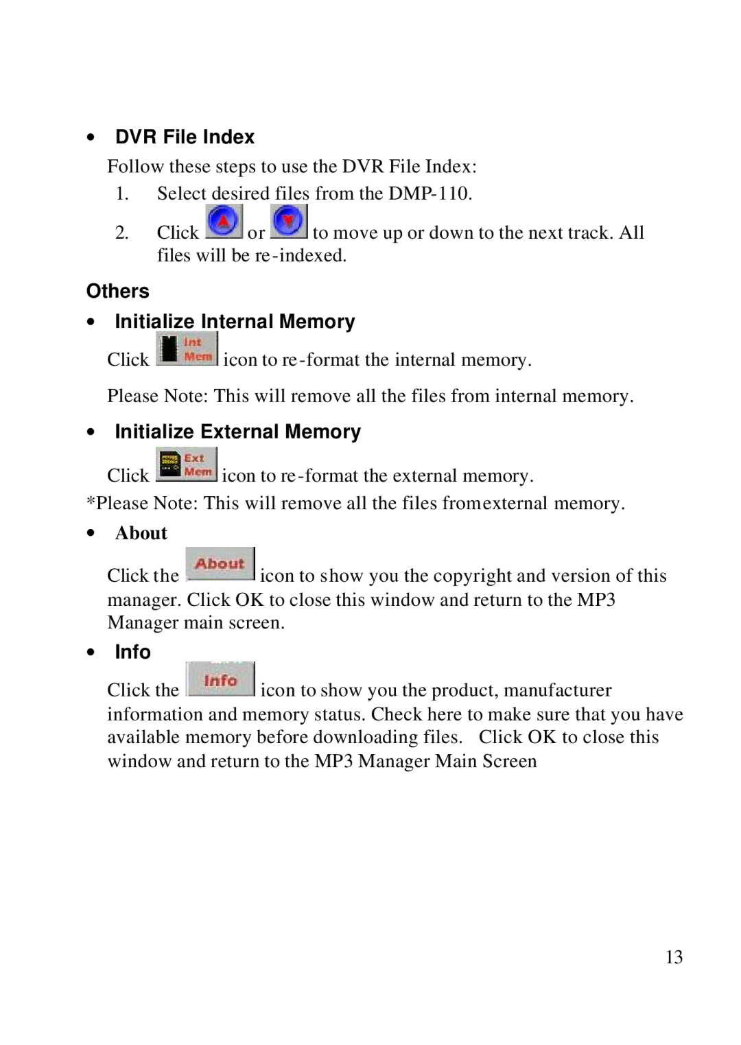 D-Link DMP-110 ∙ DVR File Index, Others ∙ Initialize Internal Memory, ∙ Initialize External Memory, ∙ About, ∙ Info 