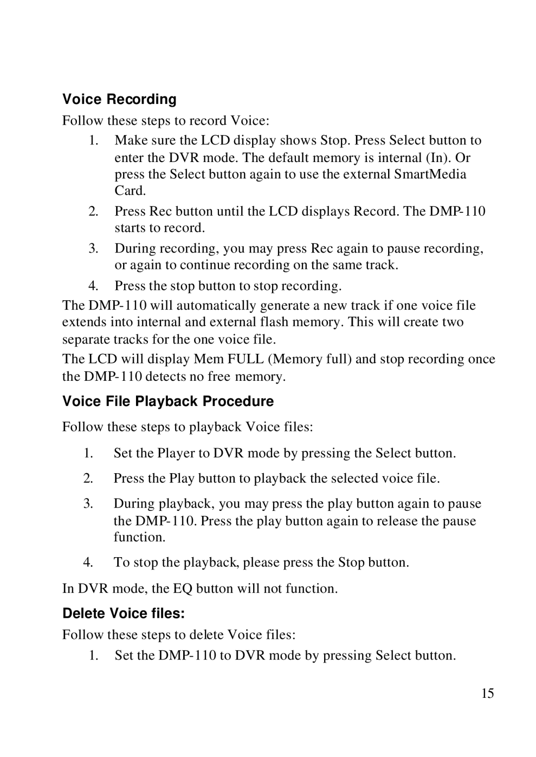 D-Link DMP-110 user manual Voice Recording, Voice File Playback Procedure, Delete Voice files 