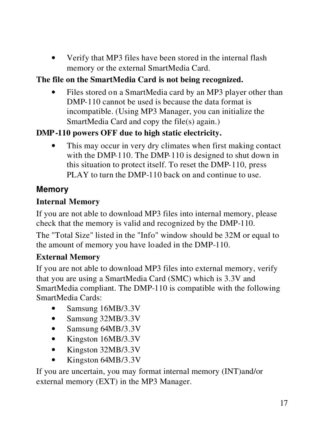 D-Link DMP-110 File on the SmartMedia Card is not being recognized, DMP -110 powers OFF due to high static electricity 