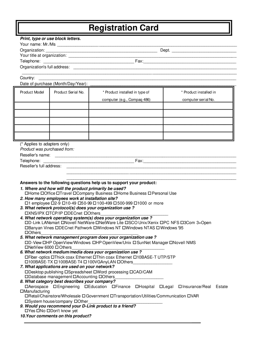 D-Link DMP-110 user manual Registration Card 