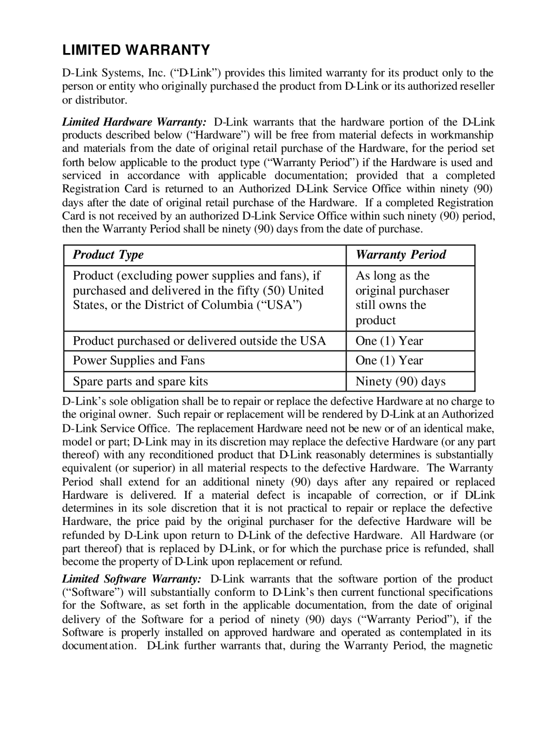 D-Link DMP-110 user manual Limited Warranty 