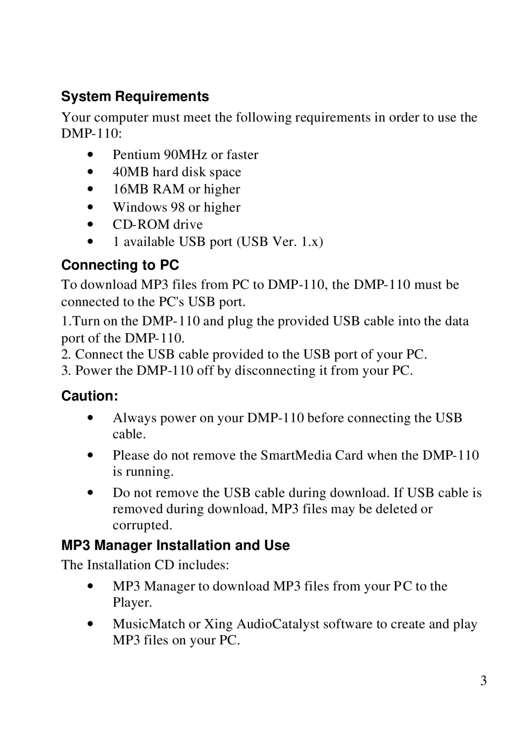 D-Link DMP-110 user manual System Requirements, Connecting to PC, MP3 Manager Installation and Use 