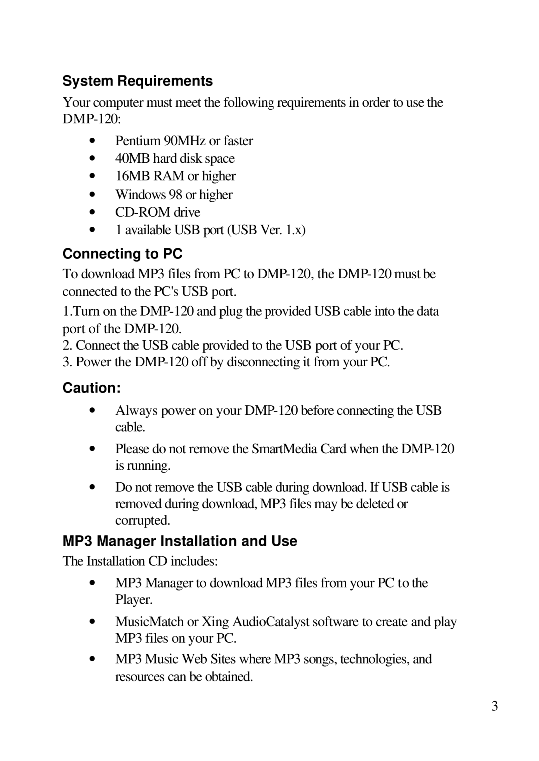 D-Link DMP-120 user manual System Requirements, Connecting to PC, MP3 Manager Installation and Use 