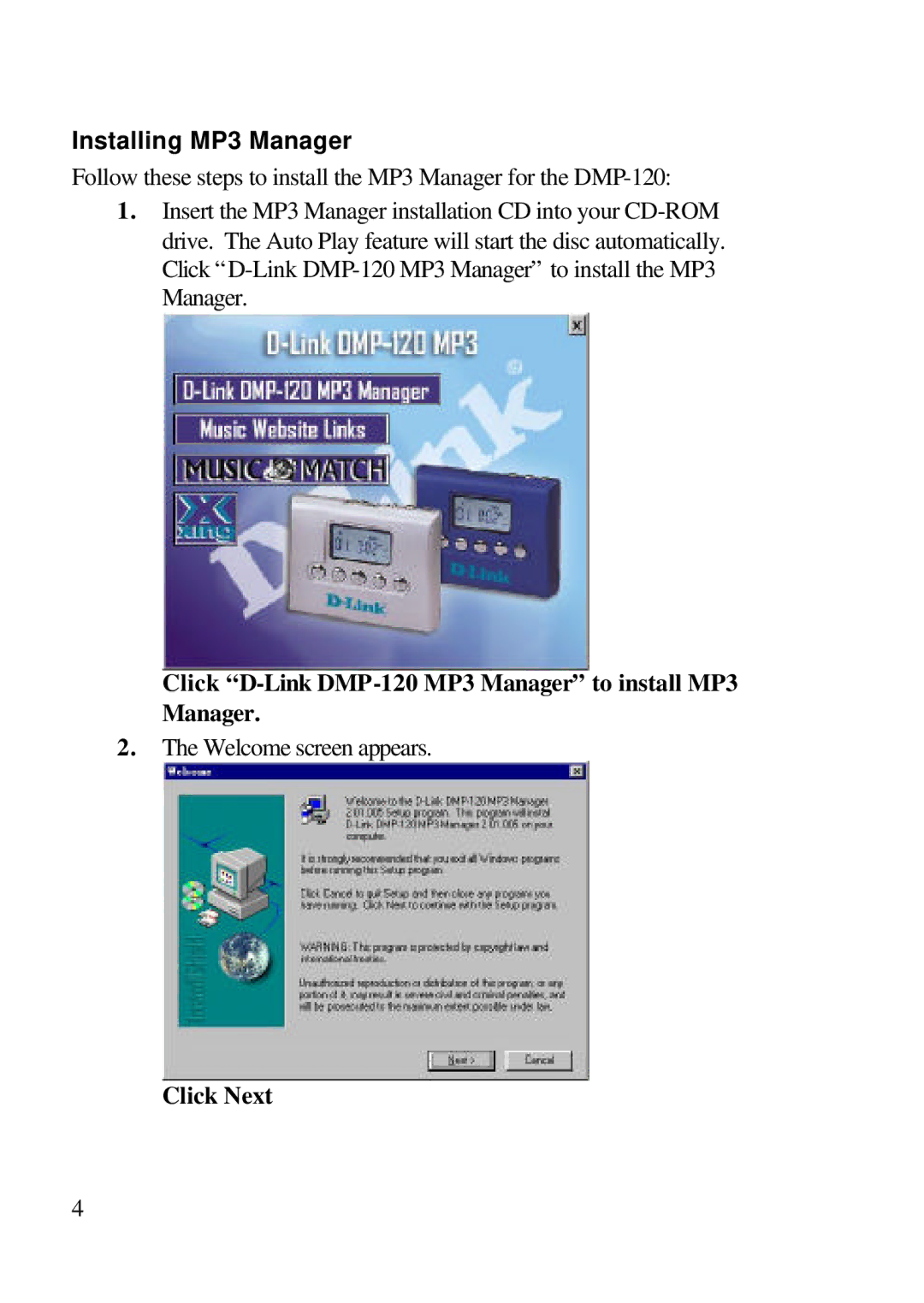 D-Link user manual Installing MP3 Manager, Click D-Link DMP-120 MP3 Manager to install MP3 Manager, Click Next 