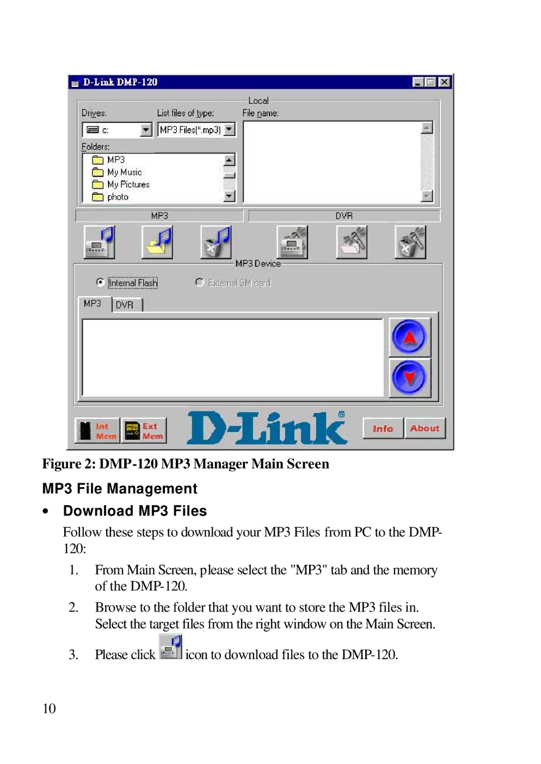 D-Link user manual DMP-120 MP3 Manager Main Screen, MP3 File Management ∙ Download MP3 Files 