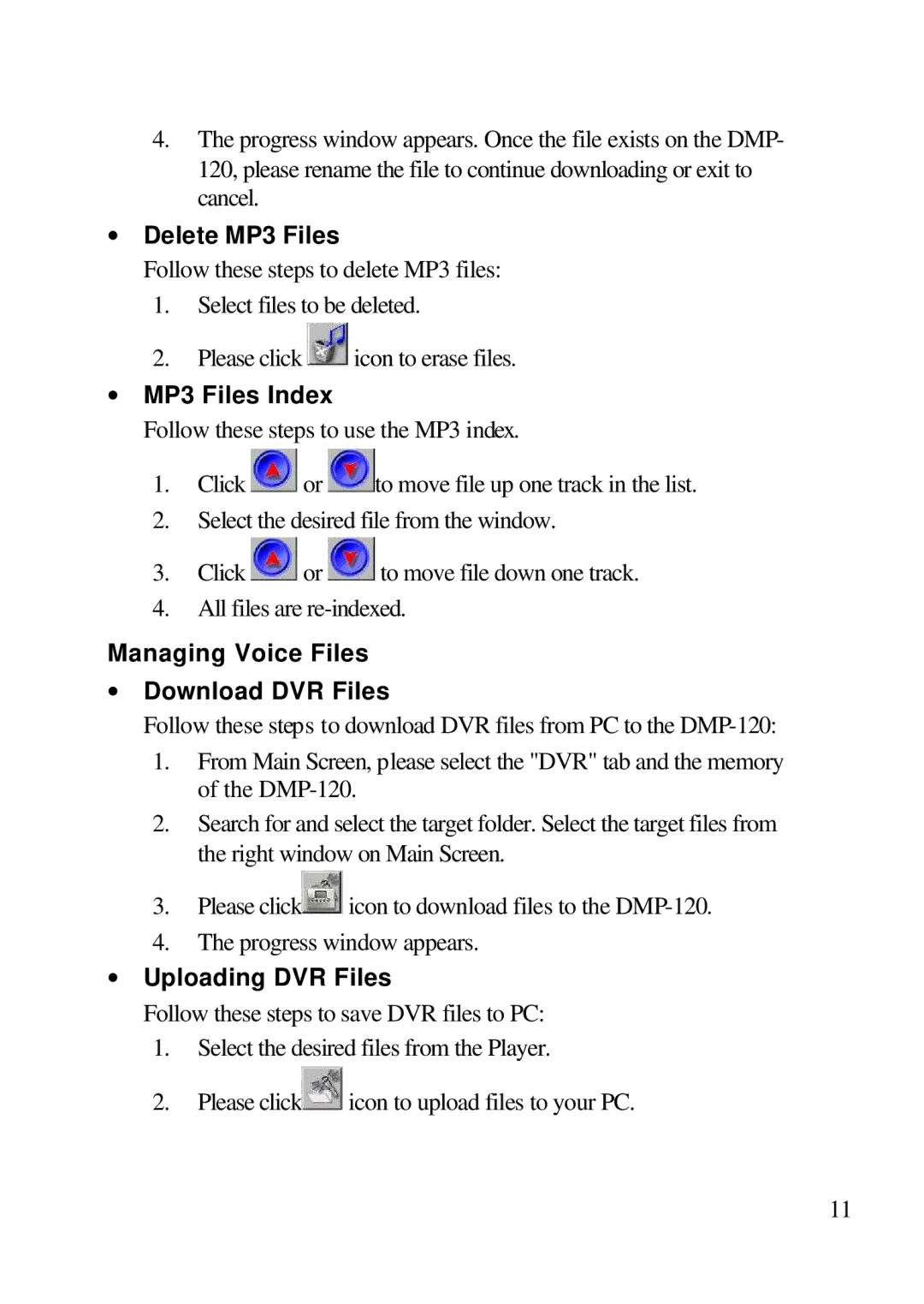 D-Link DMP-120 ∙ Delete MP3 Files, ∙ MP3 Files Index, Managing Voice Files ∙ Download DVR Files, ∙ Uploading DVR Files 