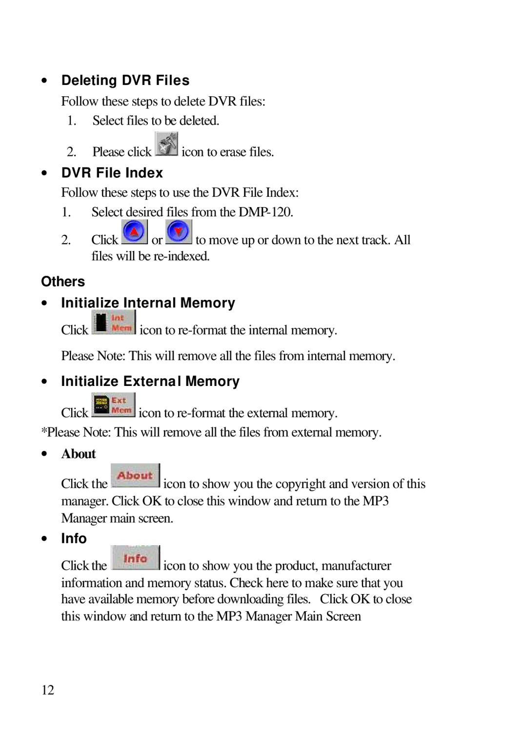 D-Link DMP-120 ∙ Deleting DVR Files, ∙ DVR File Index, Others ∙ Initialize Internal Memory, ∙ Initialize External Memory 