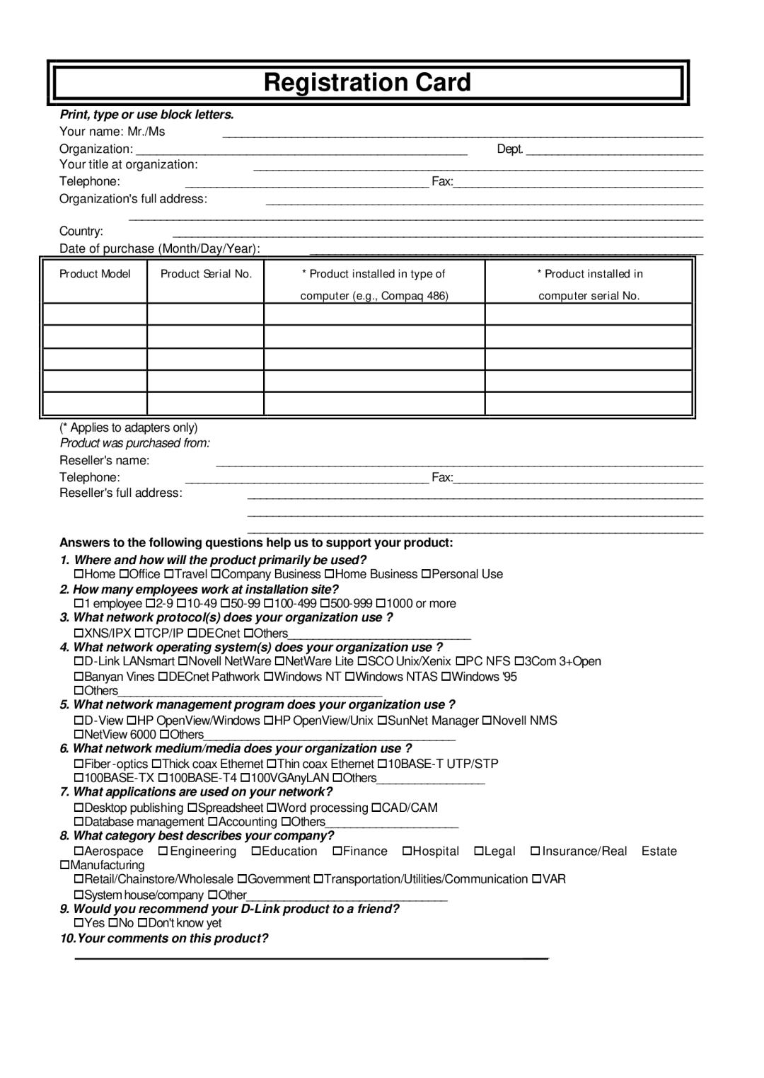 D-Link DMP-120 user manual Registration Card 