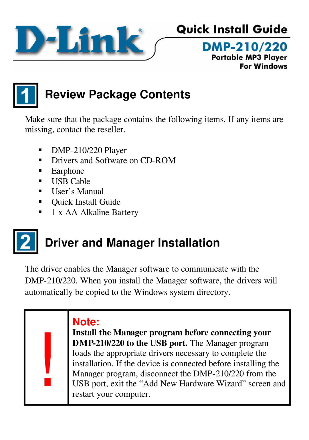 D-Link DMP-220 user manual Review Package Contents, Driver and Manager Installation 