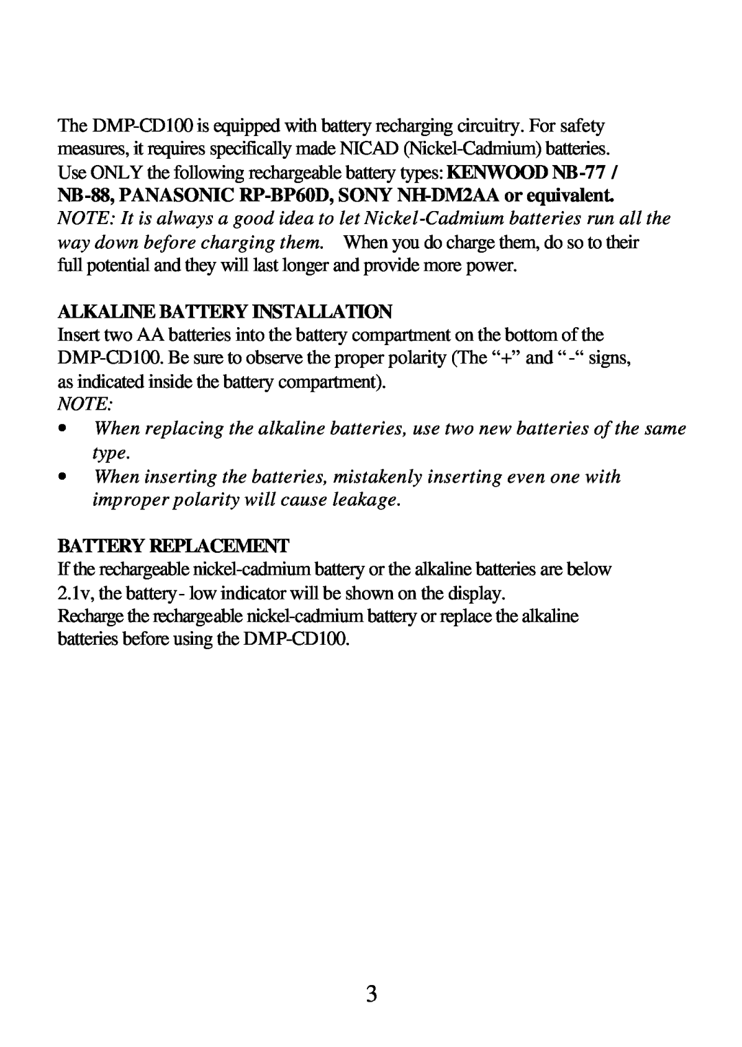 D-Link DMP-CD100 user manual Alkaline Battery Installation, Battery Replacement 