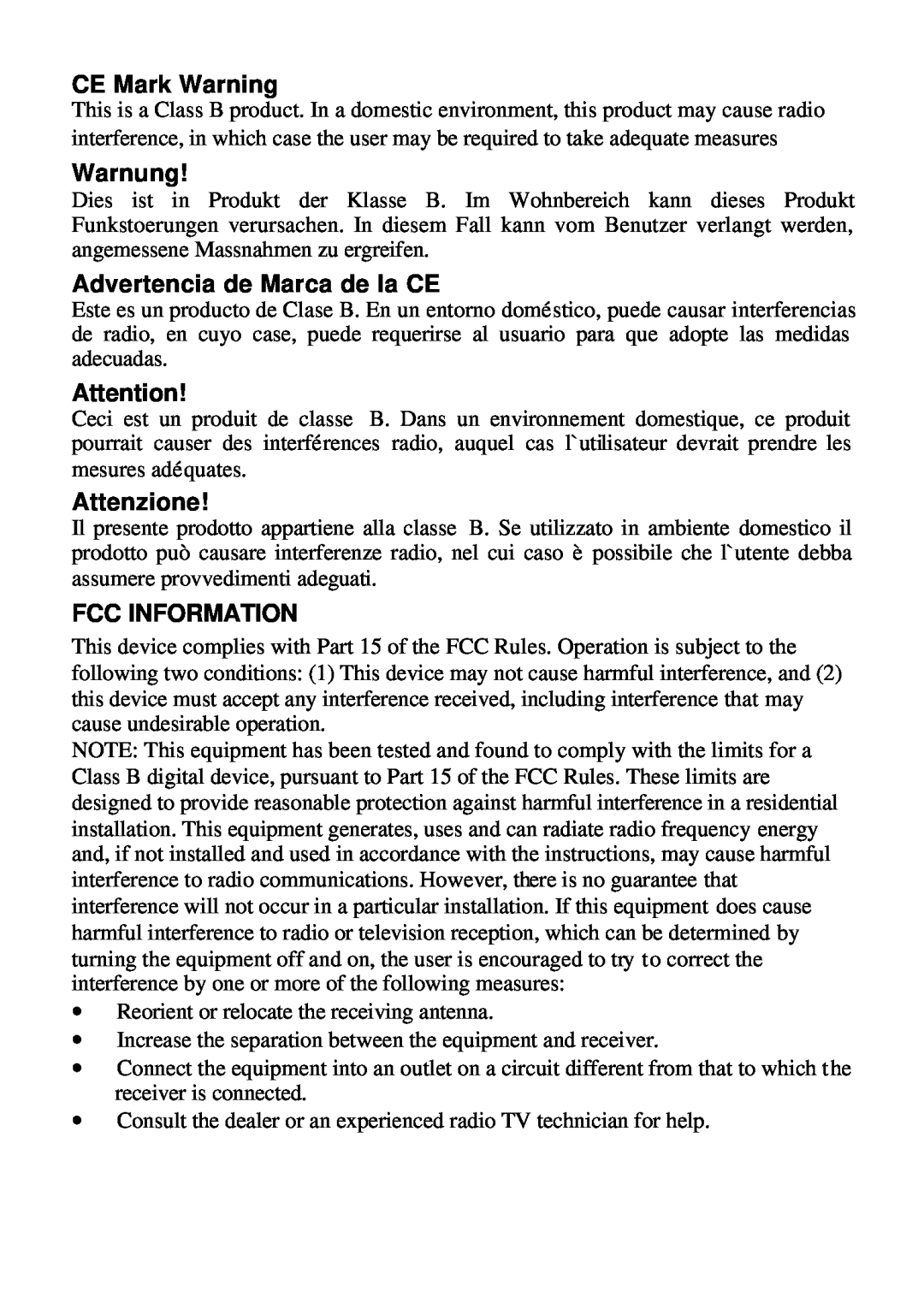 D-Link DMP-CD100 user manual CE Mark Warning, Warnung, Advertencia de Marca de la CE, Attenzione, Fcc Information 