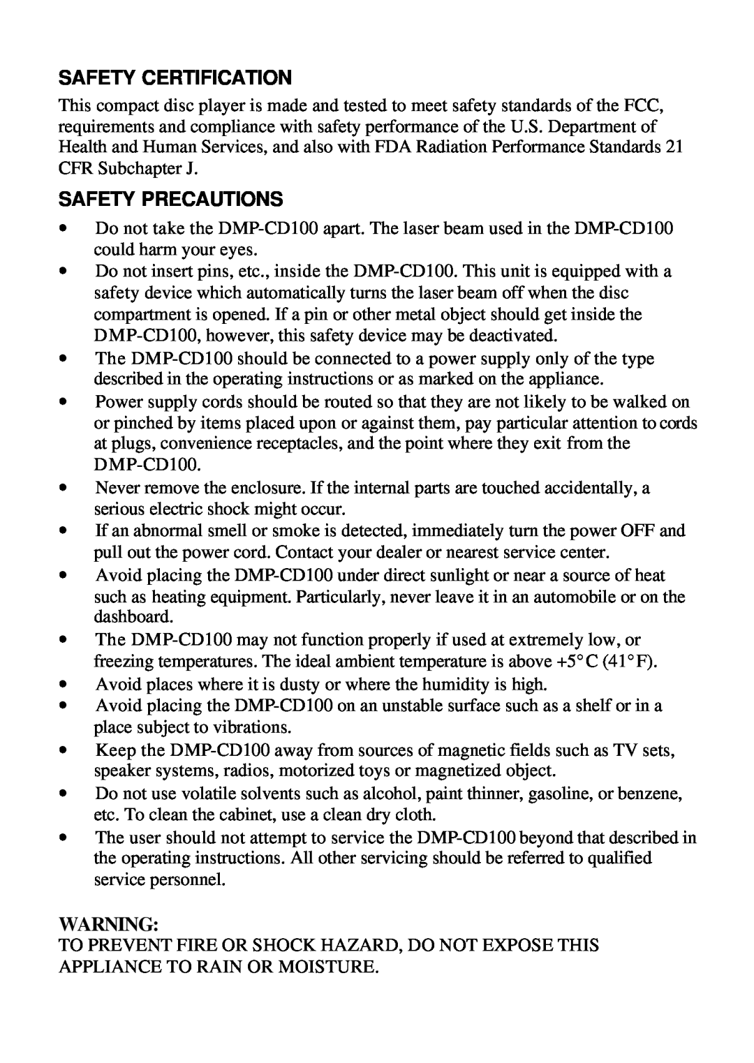D-Link DMP-CD100 user manual Safety Certification, Safety Precautions 