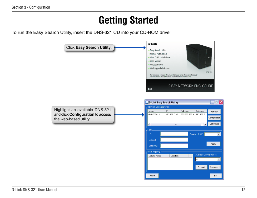 D-Link DNS-321 manual Getting Started, Click Easy Search Utility 