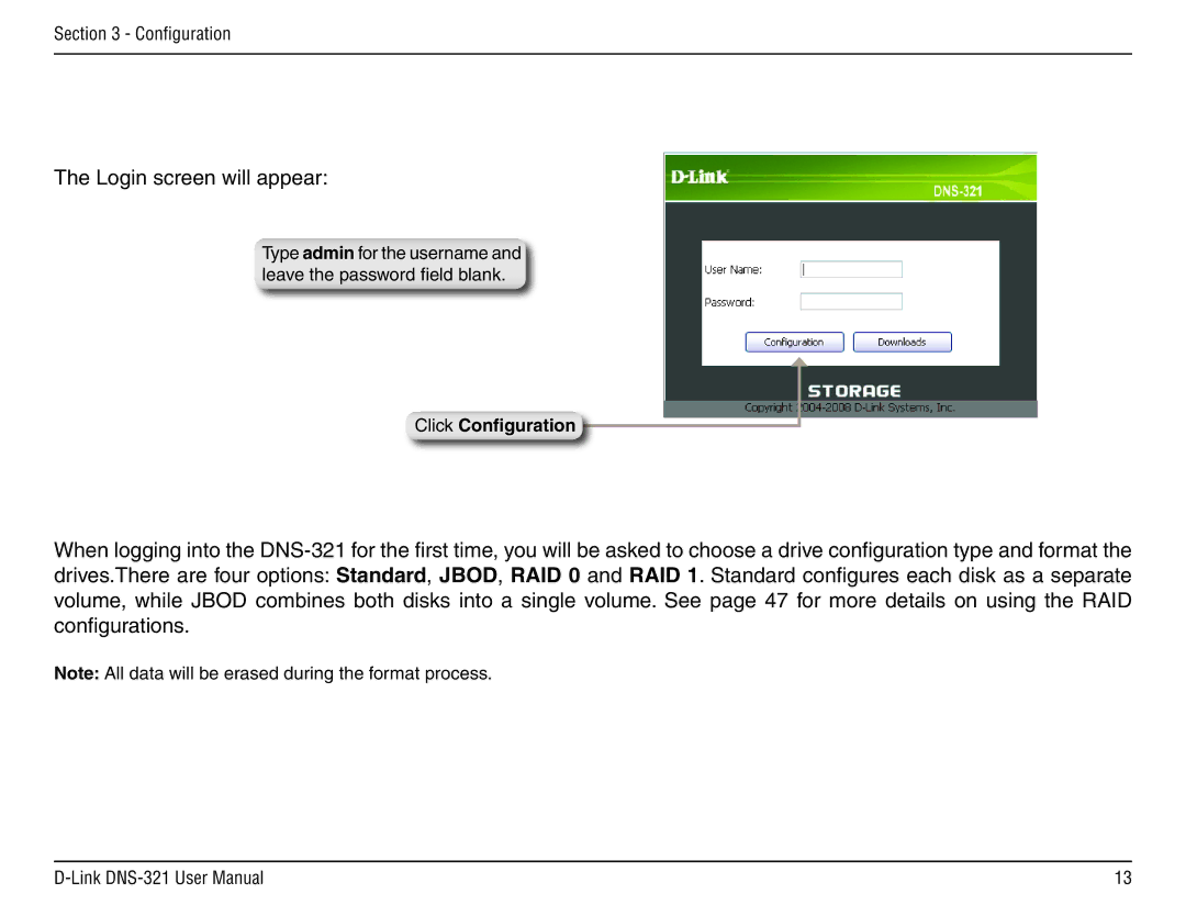 D-Link DNS-321 manual Login screen will appear 