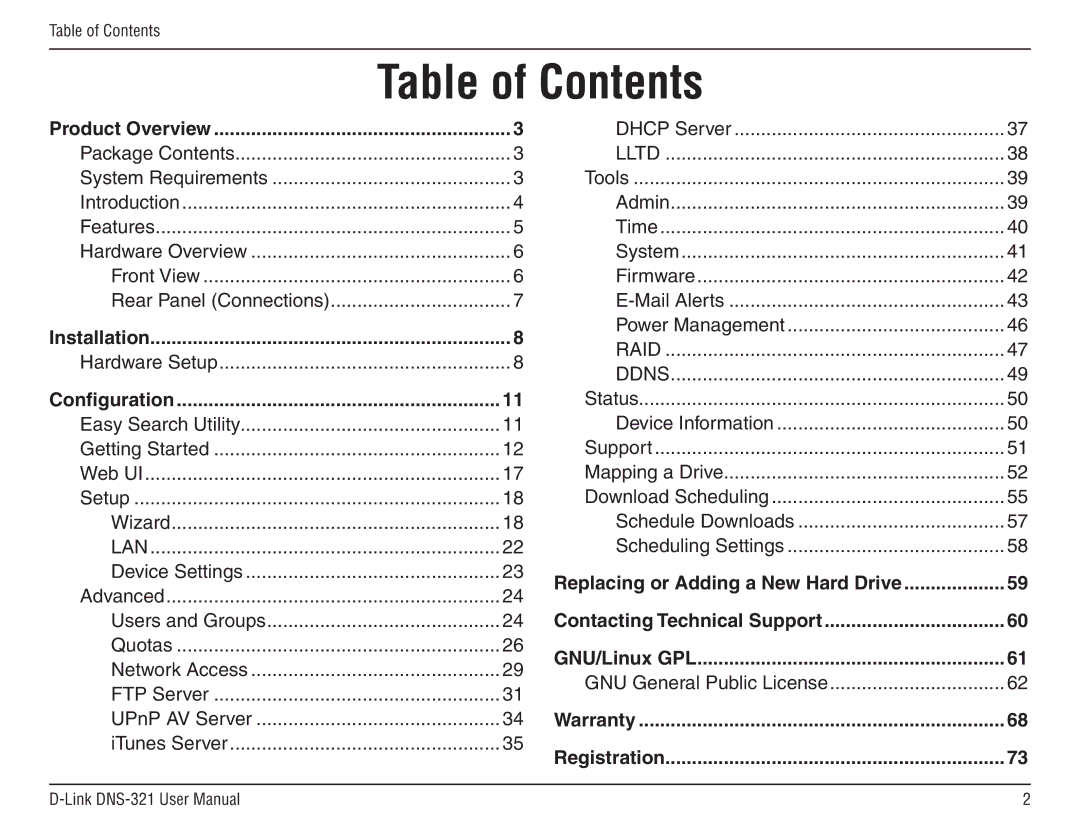 D-Link DNS-321 manual Table of Contents 