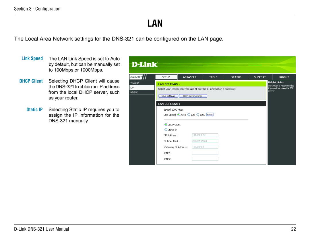 D-Link DNS-321 manual Lan 