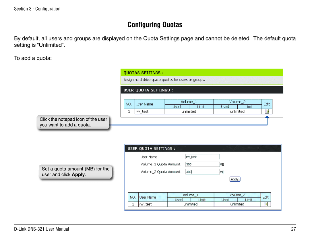 D-Link DNS-321 manual Configuring Quotas 