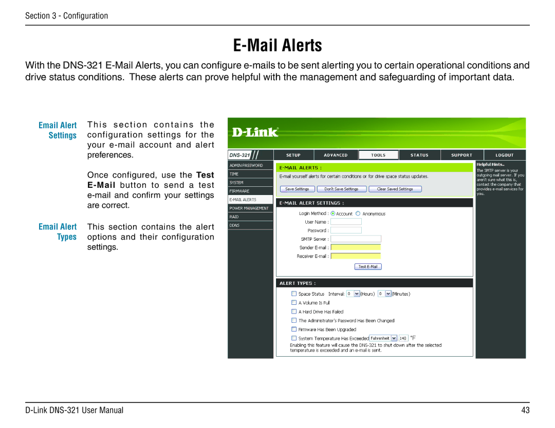 D-Link DNS-321 manual Mail Alerts 