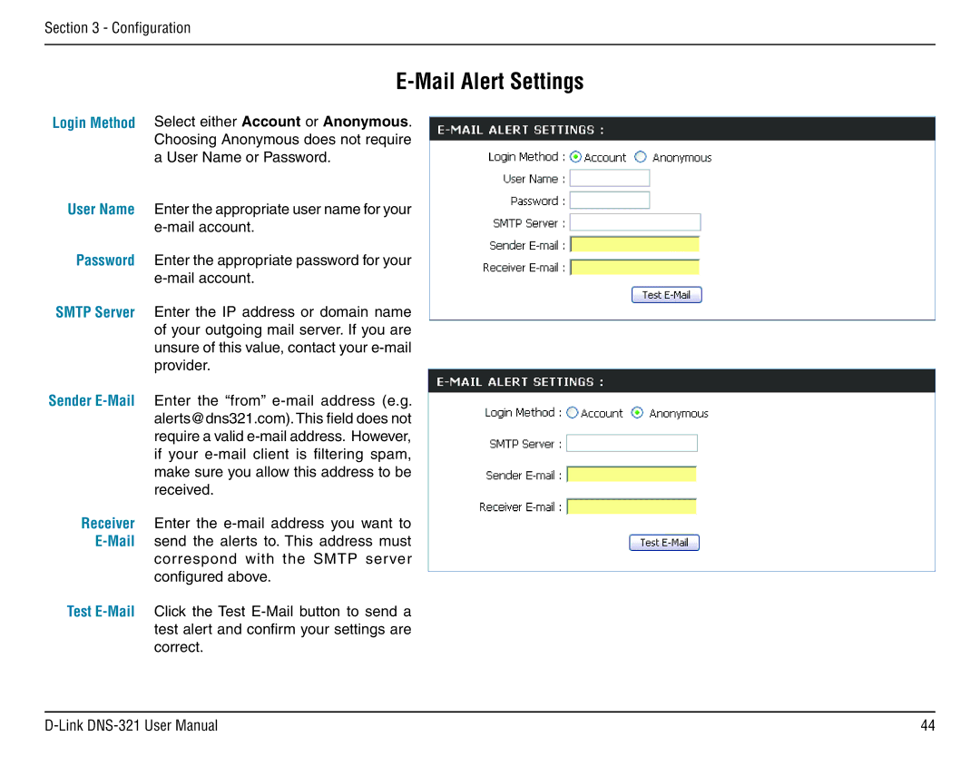 D-Link DNS-321 manual Mail Alert Settings 