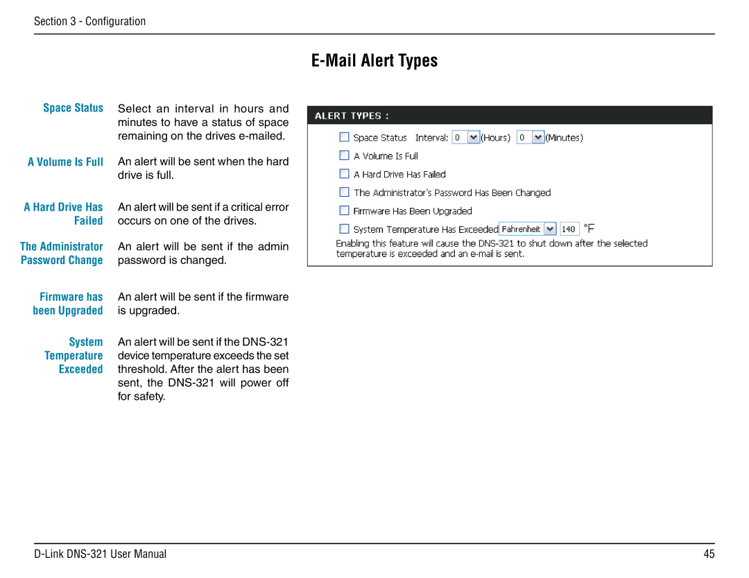 D-Link DNS-321 manual Space Status, Failed, Firmware has, System, Temperature, Exceeded 